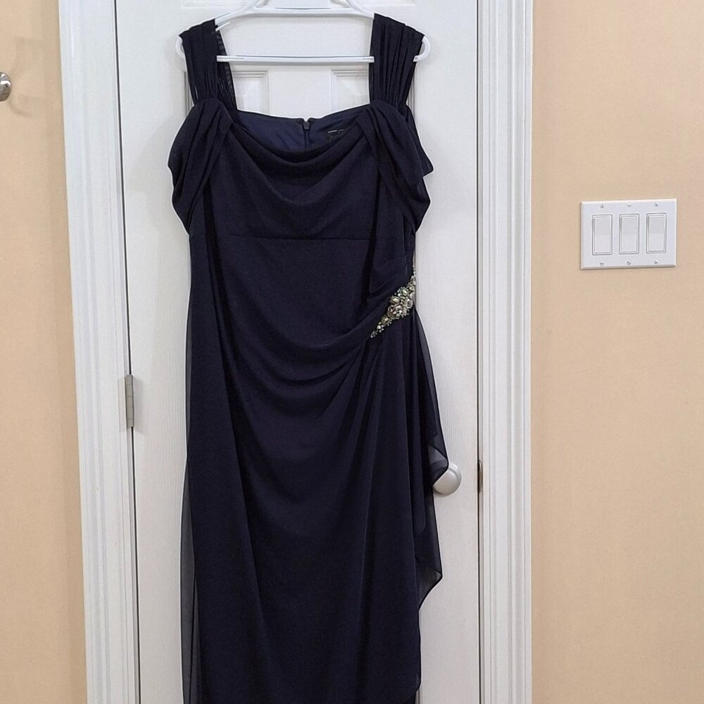 Alex Evenings Navy Blue 16W Plus Size Draped Cold-Shoulder Gown